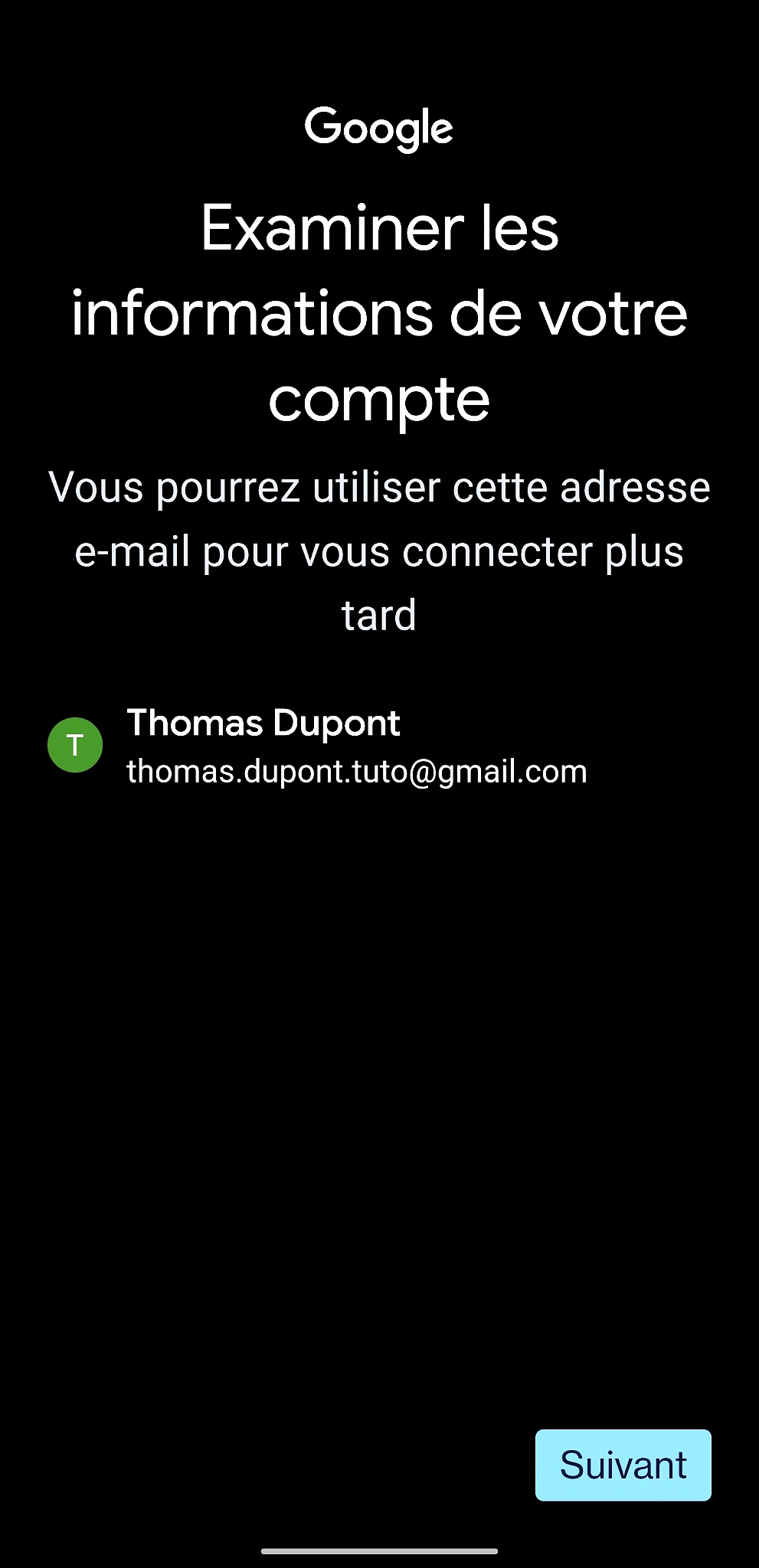 Récapitulatif des informations du compte Google