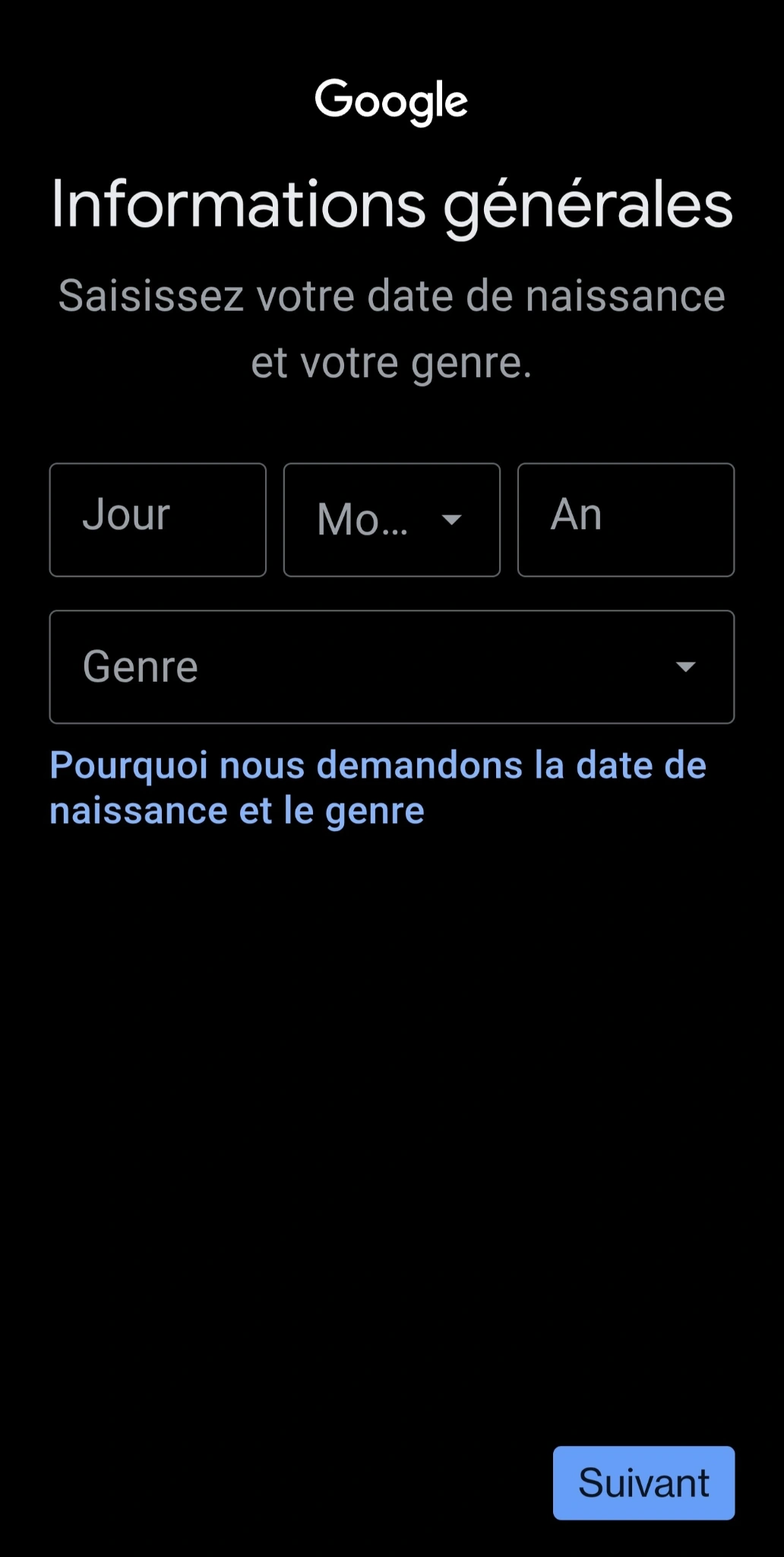Saisir la date de naissance et le genre pour créer un compte Google